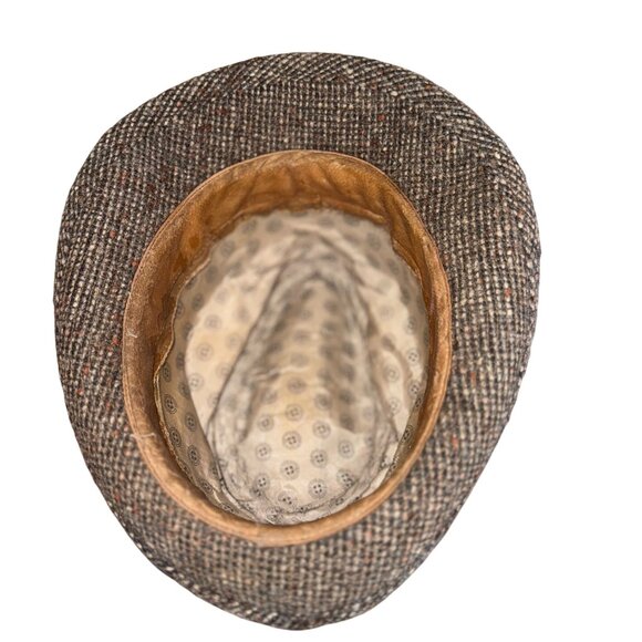 VINTAGE TWEED FEDORA BROWN WOOL SIZE 7 MEDIUM MENS FEATHER & MEDALLION ACCENT - Picture 4 of 6